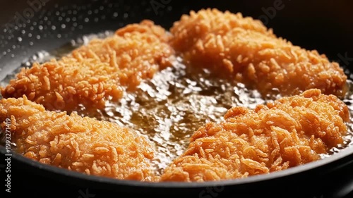 Crispy Breaded Chicken Strips Frying in Hot Bubbling Oil