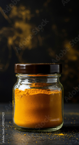 Jar of vibrant turmeric powder on a dark background. Spice for cooking, seasoning, and traditional medicine. Healthy ingredient concept.