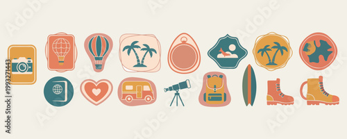 Retro outdoor camping adventure badges, vintage travel and exploration labels, summer camp wilderness nature vectors, nostalgic vacation journey icon set, tourist destination branding design elements,