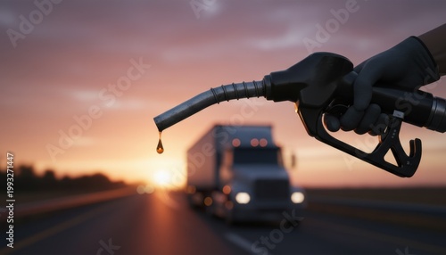 Fuel nozzle dripping oil with semi truck on highway at sunset representing logistics transportation and global supply chain energy consumption