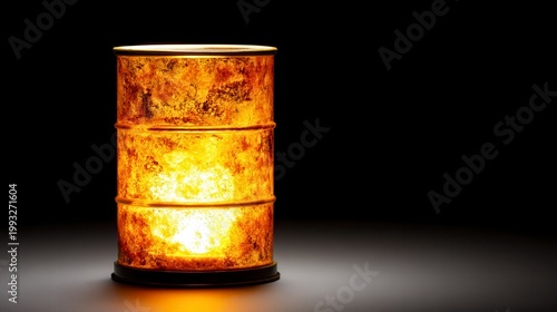 Illuminated Rusty Barrel Lamp Casting Warm Glow in Dark Background for Unique Home Decor