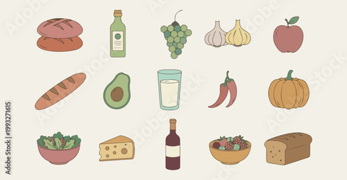 Healthy fruits and vegetables set, organic farm produce vector illustration, grocery shop and vegan diet, vitamin rich food and nutrition, fresh garden harvest doodle art, kitchen cooking ingredients 