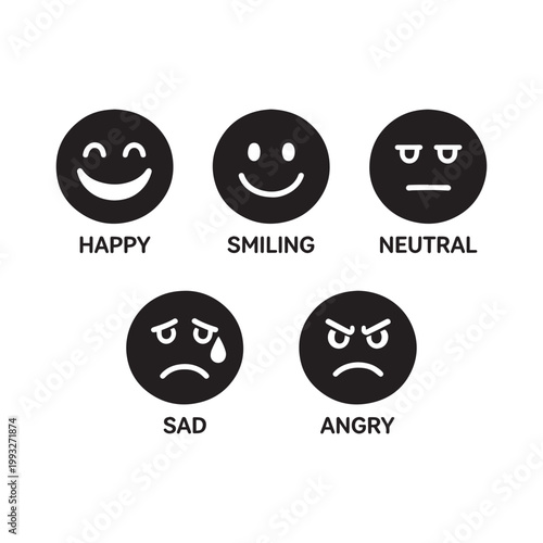  Minimalist Black Circle Customer Satisfaction Emotion Icons Set for Feedback and Surveys. 