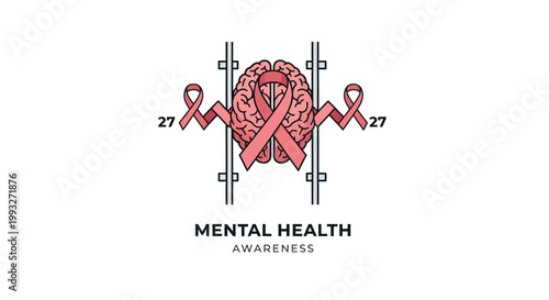 Mental Health Awareness Ribbon, Brain Symbol, Locked Up Depression, Anxiety Vector Icon