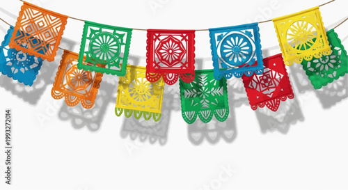 Colorful decorative papel picado banners suspended from a string, casting shadows. The banners feature intricate cut-out designs.  in white background.