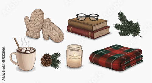 A cozy winter scene, with a mug of hot chocolate, mittens, a plaid blanket, pine, a candle and books. A perfect illustration for a cold winter day. in white background.