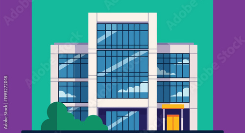 Illustration of modern office building with glass facade and green tree in front, against a teal and purple background