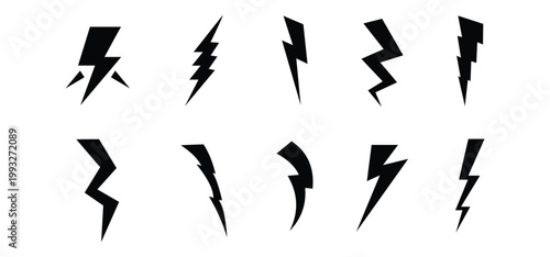 A collection of black lightning icons on a white background, a symbol of energy or electric charging logos.