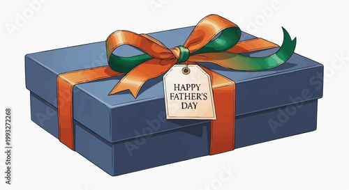 A gift box with a Happy Father's Day tag. The blue box has a ribbon tied around it, with a tag that says Happy Father's Day in white background.