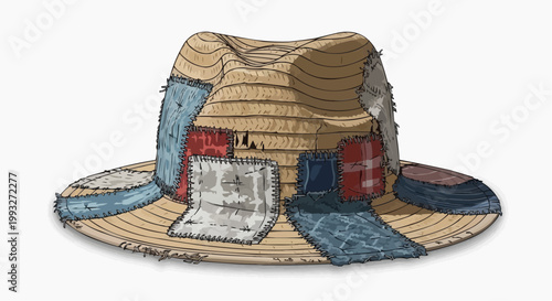 A uniquely patched straw hat, exuding a sense of rustic charm and history in white background.