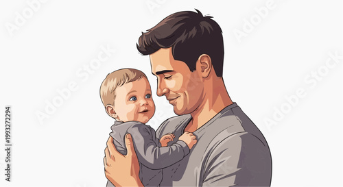 A loving father gazes at his baby. The baby is happy and smiling, feeling safe in the father's arms. The father is wearing casual clothes. in white background.