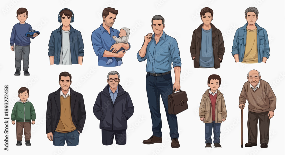 Obraz premium Diverse illustrations of men at various stages of life, representing the stages of growth, experience, and the passage of time in white background.