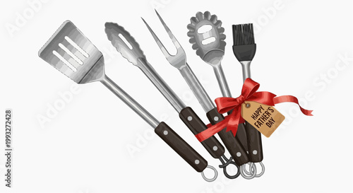 A set of barbecue tools with a festive ribbon and tag, ready for grilling on Father's Day. The collection includes a spatula, tongs, fork, pasta server, and brush. in white background.