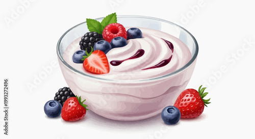 Fresh and delicious berry yogurt in a clear glass bowl, featuring a colorful assortment of blueberries, raspberries, blackberries, and strawberries in white background.