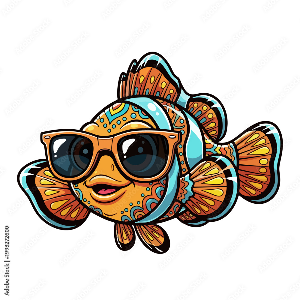 Naklejka premium A cheerful and vibrant cartoon clownfish character, wearing stylish sunglasses and featuring intricate, decorative patterns for a playful and eye-catching design