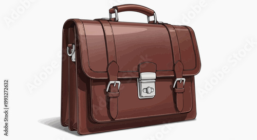 A stylish brown briefcase isolated against a plain backdrop. The briefcase is meticulously designed with a handle, buckles, and a secure lock in white background.