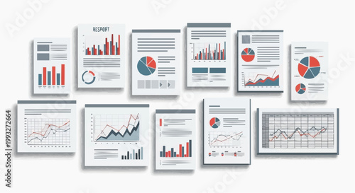 Illustrated business documents and reports filled with charts and graphs  in white background.