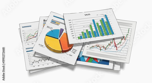 Business documents with various graphs and charts for data analysis and reporting. The collection includes a pie chart and bar graphs showing data distribution in white background.