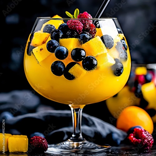 Refreshing Mango Berry Summer Cocktail Illustration in Gin Glass