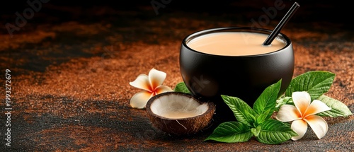 Exotic Coconut Kava Drink with Tropical Plumeria Flowers on Dark Textured Background