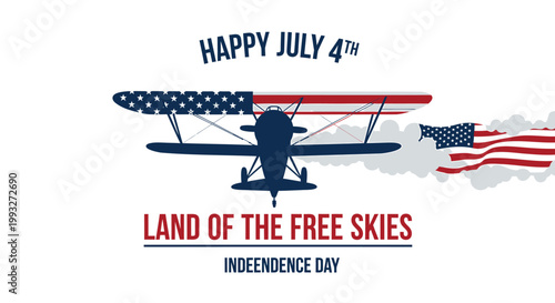 American Independence Day, 4th of July, Patriotic Aviation, Vintage Biplane Illustration