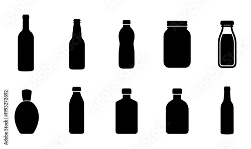Minimalist bottle silhouette icons set, black glass and plastic container shapes, 10 beverage and liquid packaging vector elements for branding