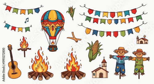 Vibrant festive elements arranged, including a hot air balloon, guitar, scarecrows, and bonfire in white background.