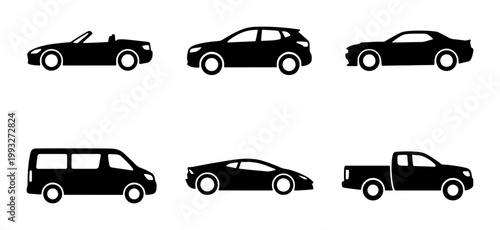 Minimalist car silhouettes set, 6 black vehicle icons including sedan, suv, and truck, modern automotive transport vector collection for web design