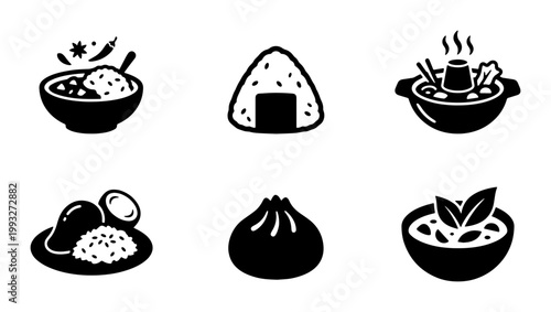 Asian food icons set, black solid vector symbols of onigiri, dim sum, hot pot, and curry, minimalist restaurant menu graphics for oriental cuisine