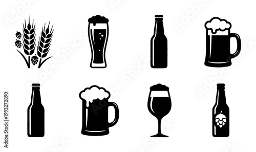 Black beer icons set with 8 vector elements, brewery symbols including glass mugs and bottles, craft beer ingredients with barley and hops