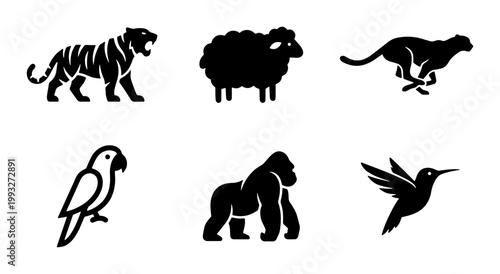 Minimalist animal silhouette icons, set of 6 black vector wildlife symbols, modern tiger sheep cheetah parrot gorilla and hummingbird logos