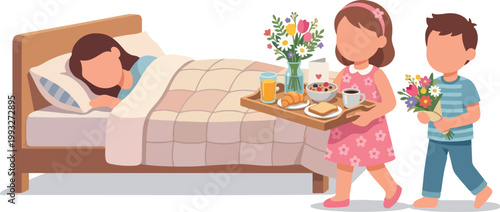 Children Bring Breakfast and Flowers to Person in Bed