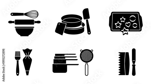 Baking tools and kitchen equipment icon set, black silhouette pastry utensils vector, professional bakery supplies for cooking and cake decorating