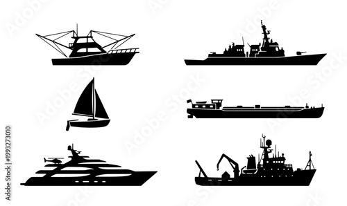 Nautical ship silhouettes set, 6 black vector icons of maritime vessels, commercial cargo boat and luxury yacht collection, naval warship and fishing trawler
