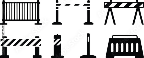 A collection of black silhouette icons depicting various types of construction road barriers and fences