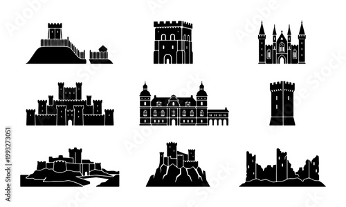 Medieval castle silhouette icons, set of 9 historic fortress and palace vector illustrations, black stone citadel and ruin symbols for maps