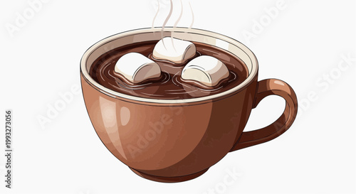 A comforting cup of hot chocolate with marshmallows in white background.