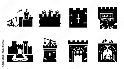 Medieval castle warfare icons set, 8 black silhouette vector elements of fortress siege, ancient battle defense and stone tower architecture