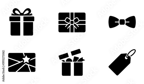 Minimalist gift icons set, black solid holiday present symbols, 6 vector elements for shopping and celebration, flat gift box and price tag graphics