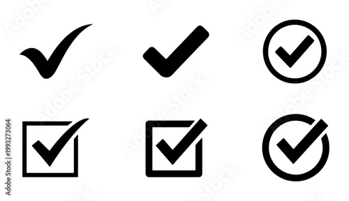 Check mark icon set with 6 black vector elements, tick symbols in circles and squares, minimalist validation and approval signs for web design
