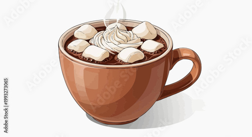 A cozy illustration of a cup of hot chocolate with marshmallows in white background.