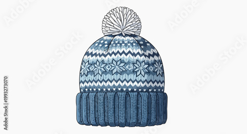 Cozy winter hat with knitted pattern and pom-pom in the winter season in white background.