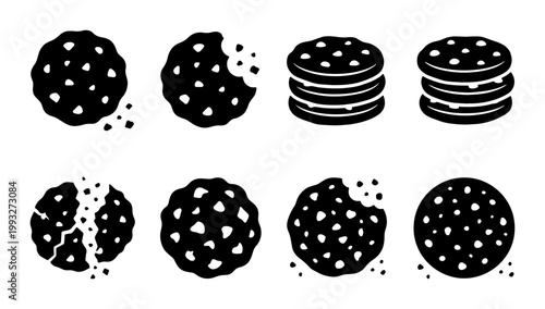 Chocolate chip cookie icon set, black silhouette biscuit symbols, 8 vector elements of sweet snacks and broken cookies for bakery branding