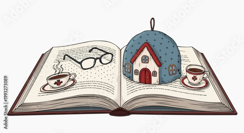 A whimsical illustration featuring a book, glasses, a tiny house, and cups of coffee. It evokes a sense of coziness and storytelling. in white background.