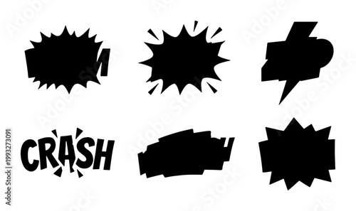 Comic book speech bubble silhouettes, set of 6 black explosion and crash sound effect icons, pop art graphic elements for action manga design