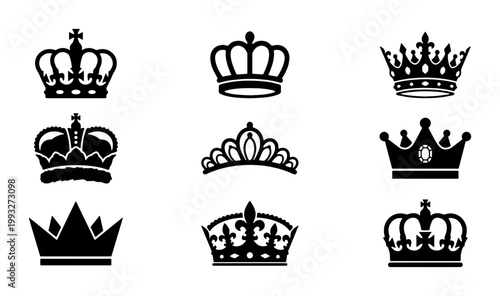 Royal crown icons set, black king and queen tiara silhouettes, 9 imperial heraldic vector symbols for luxury branding and premium logo design