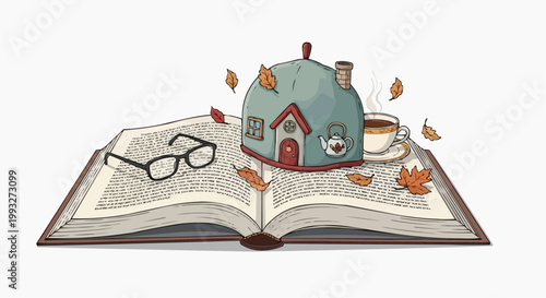 Illustration of a whimsical cozy scene: a house-shaped tea cozy on a book, tea cup, eyeglasses and falling leaves. Evoking feelings of warmth and comfort in white background.