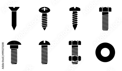 Industrial screw and bolt icons set, black metal hardware fasteners collection, 8 vector construction elements for repair and engineering