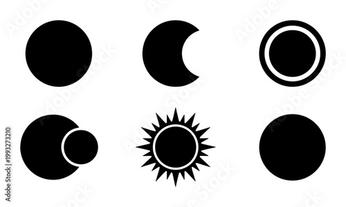 Minimalist solar eclipse icons set, black celestial moon phases vector, astronomical sun and moon silhouettes for science and astrology design