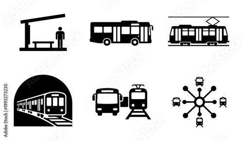 Public transportation icon set, black silhouettes of bus and tram, subway train in tunnel and transit station symbols, urban travel vector collection
